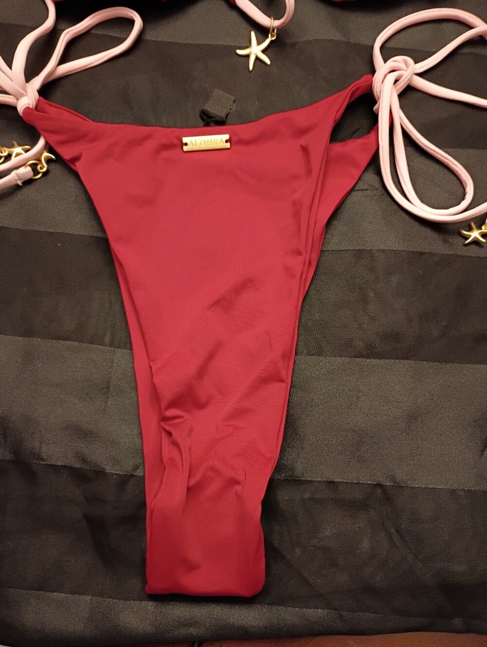 Alohra Red Bikini Bottom with Pink Ties